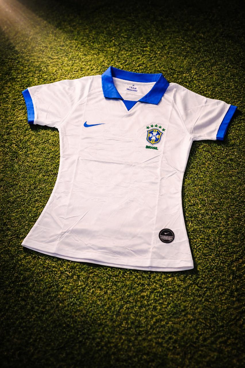 Camisa Seleção Brasileira Branca Gola Azul - Modelo Femino